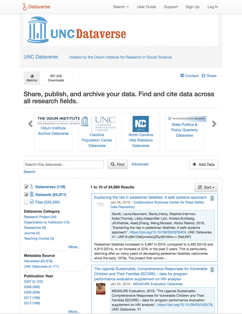 Homepage of UNC Dataverse, featuring slider of Dataverses and a search/sort form